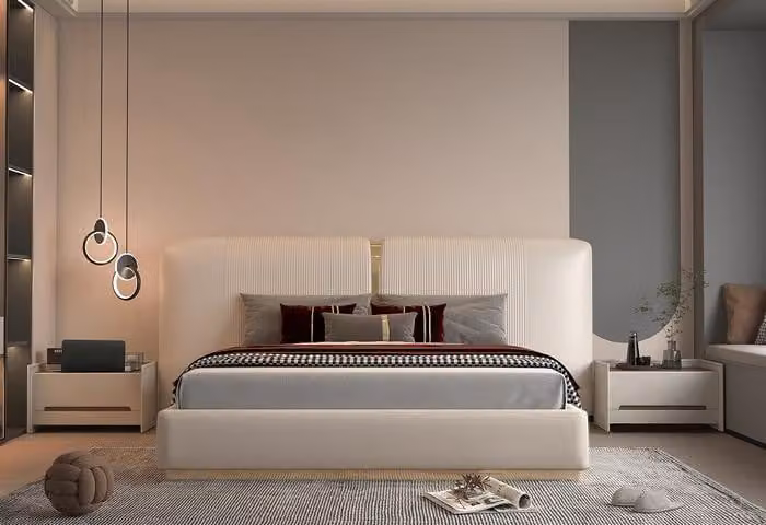 Luxus Beige Bett mit Gold Akzenten Modernes Design Kopfteil für Schlafzimmer