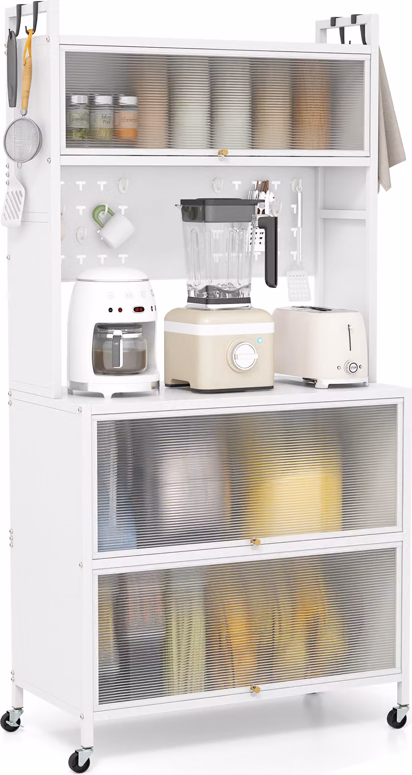 COSTWAY Scaffale da cucina a 5 livelli con illuminazione, supporto multifunzionale per microonde con sportelli a battente, lavagna e ganci, mobile dispensa