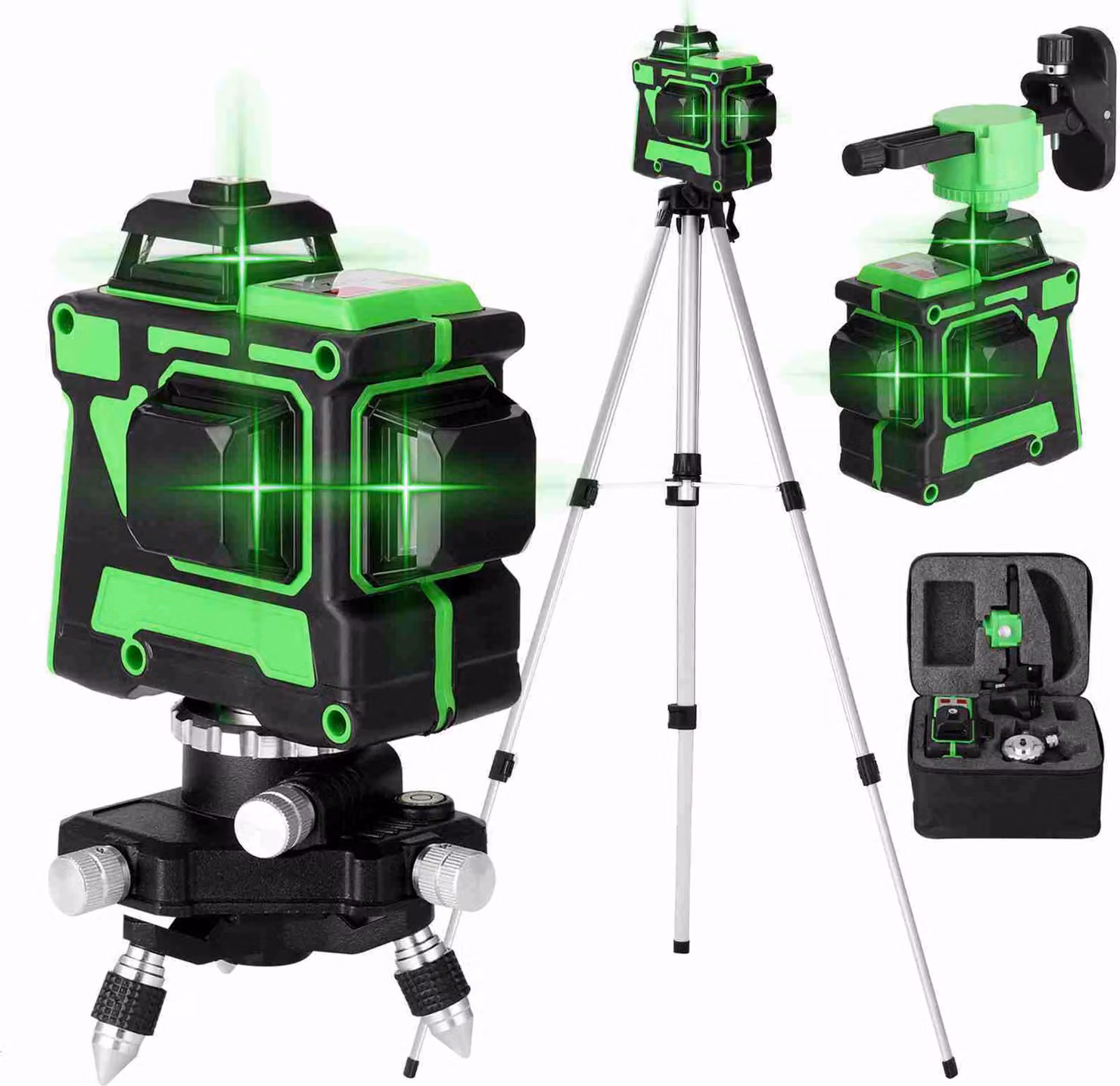 laser 3D a 12 linee trasversali autolivellanti con treppiede regolabile in altezza di 1,2 m, asta di prolunga telescopica a 3 pieghe e valigetta di trasporto