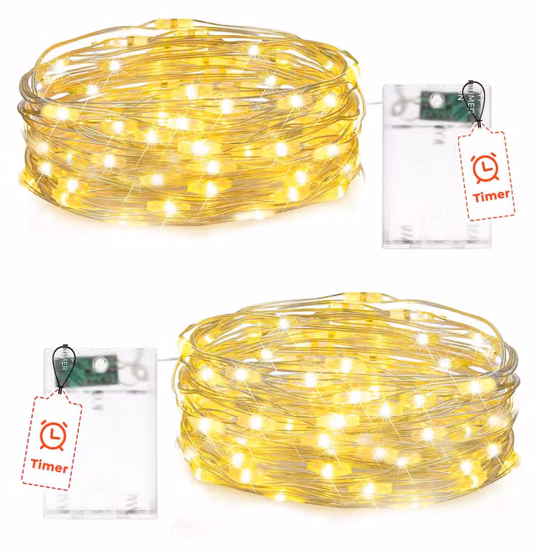 Catena luminosa da 2 metri, con 20 LED bianco caldo e timer, confezione da 2 pezzi