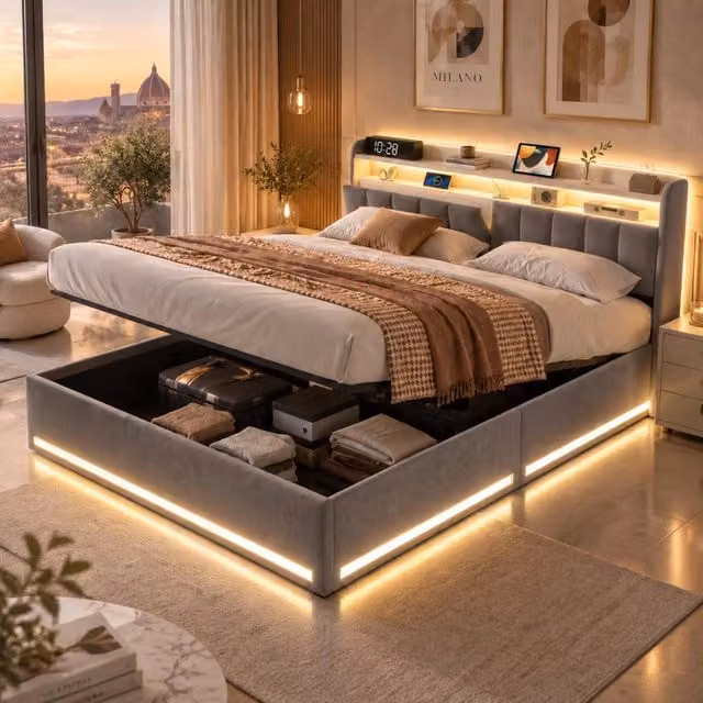 Letto Matrimoniale con Contenitore 140x200 cm; Letto Imbottito con LED e USB;Letto Baule Testiera con di Stoccaggio; Velluto Grigio;Senza Materasso
