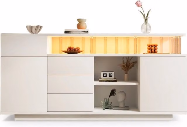 Credenza e madia moderna con illuminazione LED, 4 cassetti, 2 ante e ripiani regolabili in MDF bianco per soggiorno e cucina, L 160 x P 40 x H 75 cm – 1