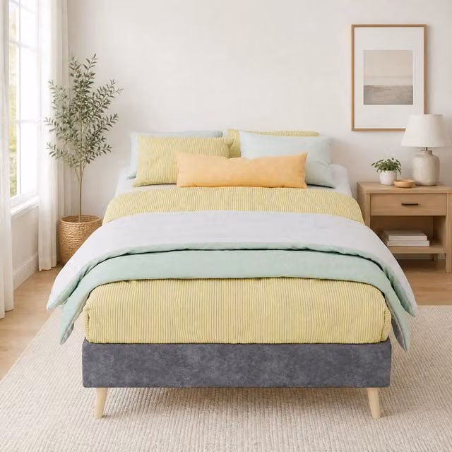 Struttura letto Mivray senza testiera rivestita in tessuto grigio con piedi in legno e struttura in metallo L/P: 90 x 200 cm