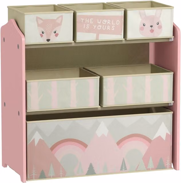 Scaffale Portagiochi ZONEKIZ per Bambini con 6 Contenitori in Tessuto Rimovibili, Rosa, L: 63 cm, P: 30 cm, H: 66 cm – 1