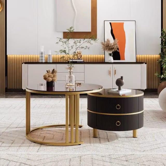 Tavolino da Caff¨¨ Rotondo MDF Set 2 Pezzi ¨C MINIMAL ¨C Vetro Temperato Marrone, Lucido, 2 Cassetti, 70x70x45 + 50x50x40 cm