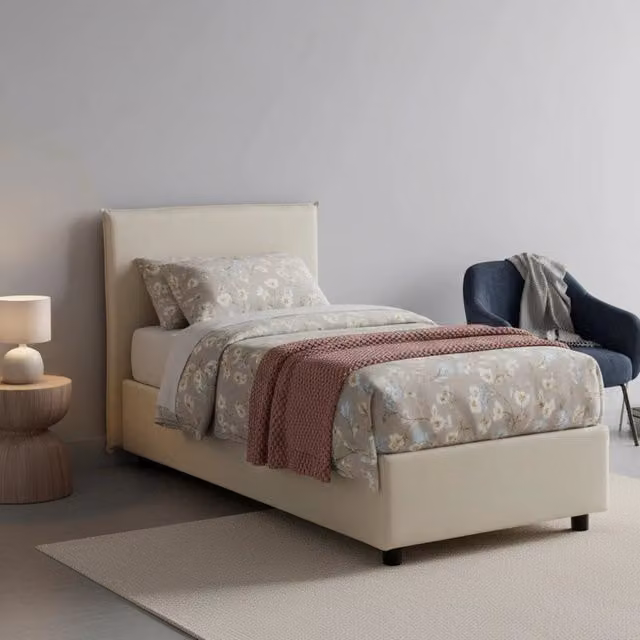 Letto singolo contenitore Astor Talamo Italia con materasso incluso, rivestimento in tessuto beige, apertura laterale