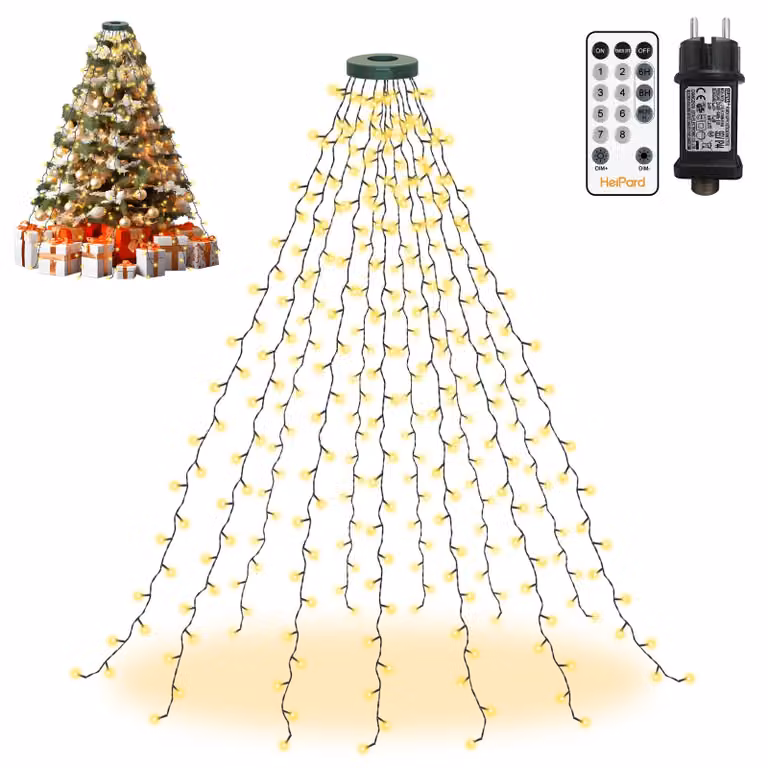 Illuminazione a LED per alberi, con anello di 2,5 metri, 300 LED, 12 fili, timer integrato, luce bianco caldo