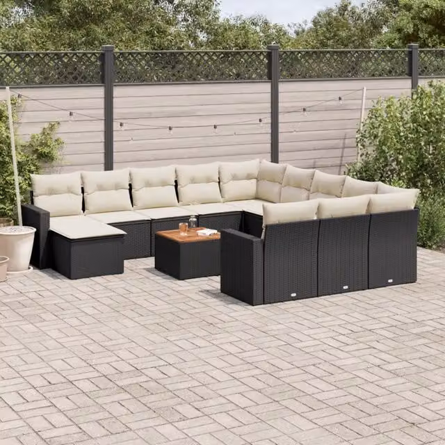 Set di Divani da Giardino a Forma di U vidaXL in Polyrattan Nero con Cuscini e Tavolino da Esterno – 1