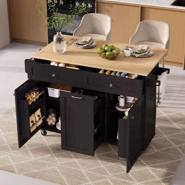 Isola cucina con ruote allungabile nera e legno in MDF e PB 140 x 40-70 x 92 cm