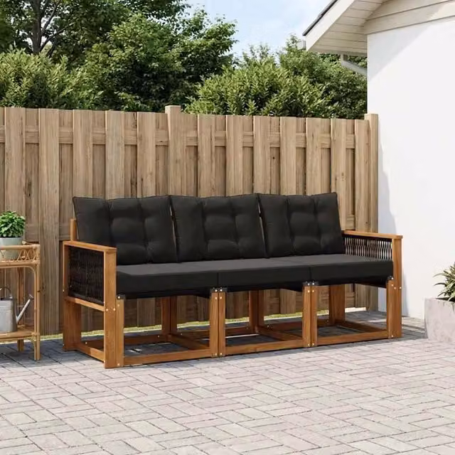 Set di divani da esterno 3 pezzi vidaXL in legno di acacia con cuscini marrone e nero