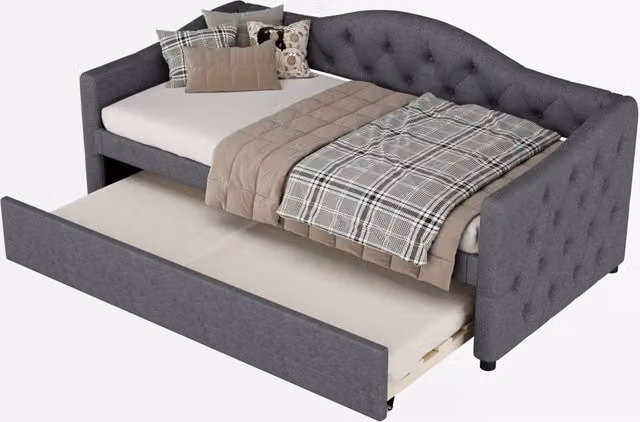 Letto da giorno con letto estraibile 90x200 cm in lino grigio; divano letto singolo
