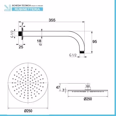 Set doccia da incasso Paco nero opaco con soffione da 25 cm, colonna rigida, doccino e deviatore – 2