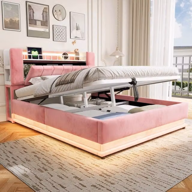 Letto imbottito rosa 160x200 con LED; USB e contenitore idraulico