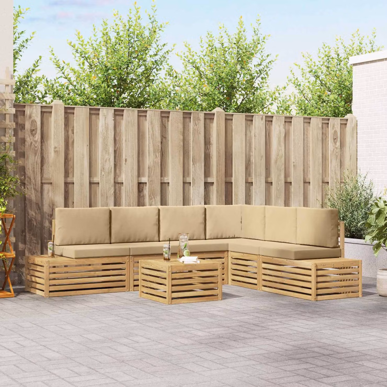 Set di 7 divani da esterno vidaXL in legno di acacia e poliestere, colori bianco, beige e marrone
