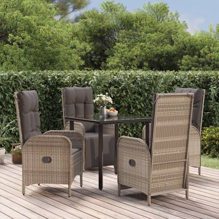 The Living Store Set da pranzo da giardino 5 pezzi con cuscini in poly rattan nero e grigio