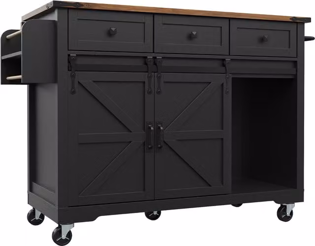 Isola da cucina moderna con piano ribaltabile e carrello portavivande su ruote, 2 ante scorrevoli e 3 cassetti, Nero, L/P/H: 140 x 45 x 94 cm