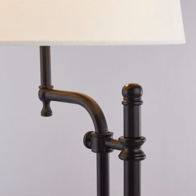 Lampada da tavolo Searchlight regolabile in metallo nero e tessuto bianco per soggiorno o camera da letto con attacco E27