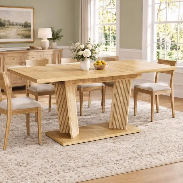 Tavolo da Pranzo Estensibile in MDF con Design a Doppia Colonna e Base Regolabile, 120-160x80x76 cm, Colore Naturale
