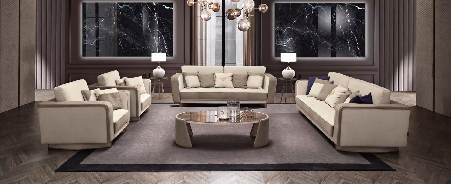 Luxus Möbel Sofagarnitur Couch Sofa Polster 3 3 1 1 Sitzer Couchtisch Holz 5tlg.