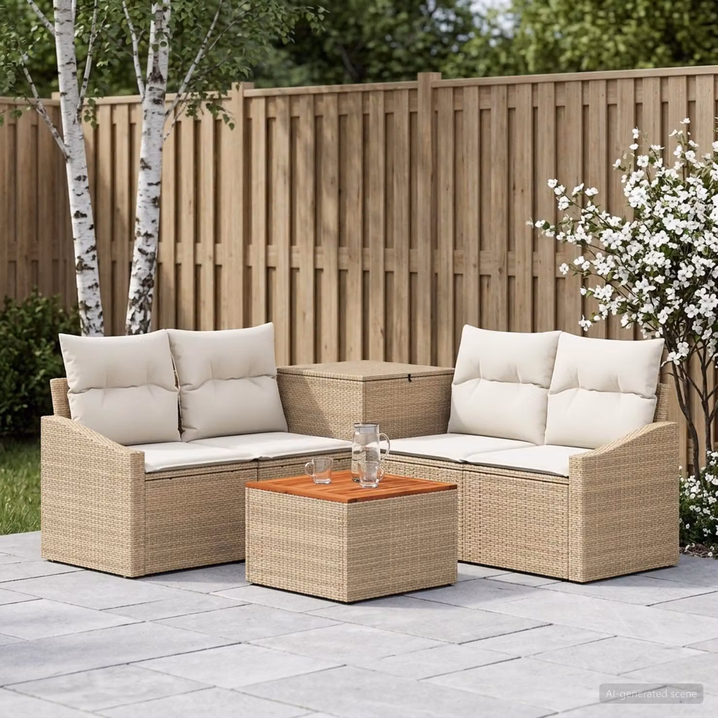 vidaXL Set di divani da giardino 6 pz in polyrattan beige e bianco crema con cuscini e tavolino da esterno