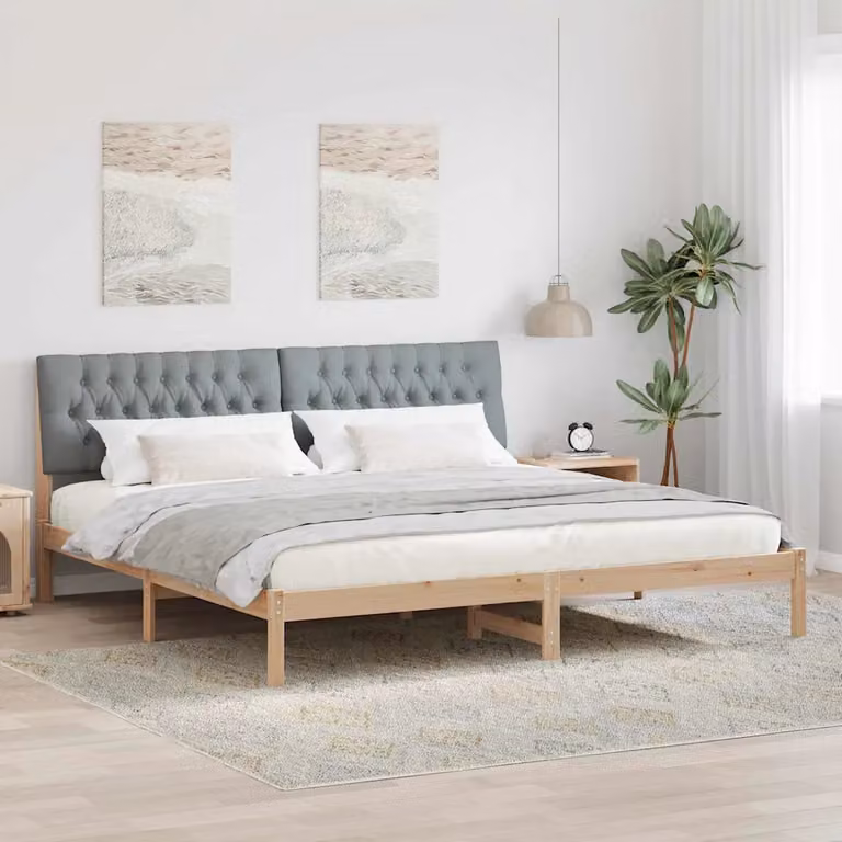 Letto moderno vidaXL con testiera rivestita in tessuto e struttura in legno di pino, Marrone/Grigio, 200 x 200 cm