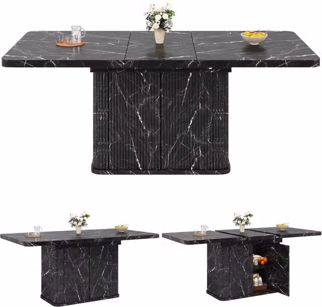 Tavolo da pranzo allungabile da 120 a 160 cm; tavolo da pranzo nero moderno con contenitore nascosto
