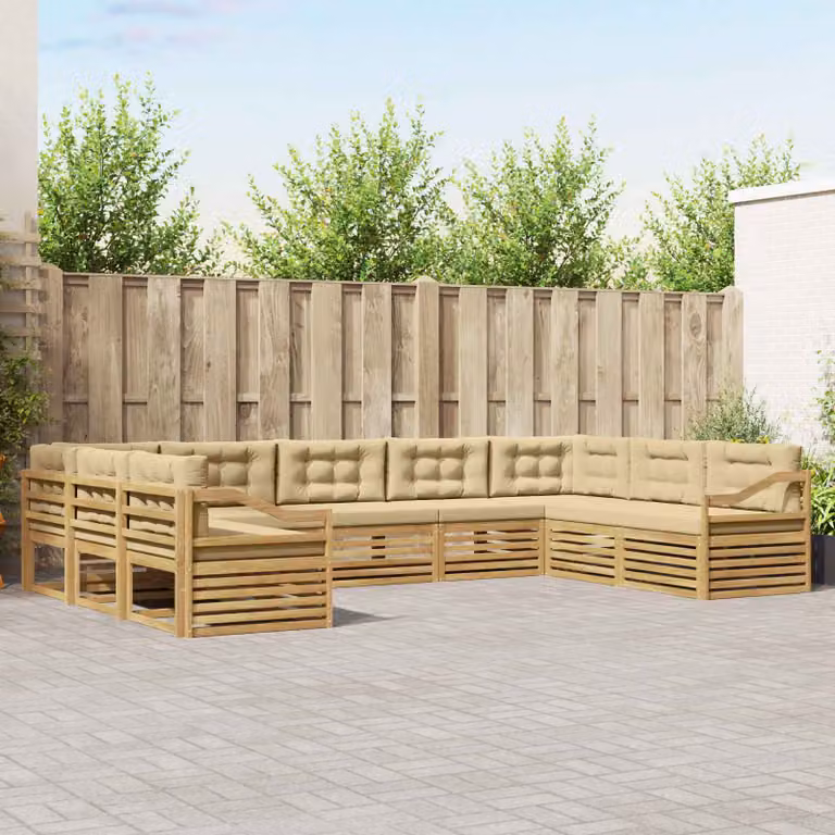 vidaXL Set di divani da esterno a L in legno di acacia con cuscini, Bianco e Beige