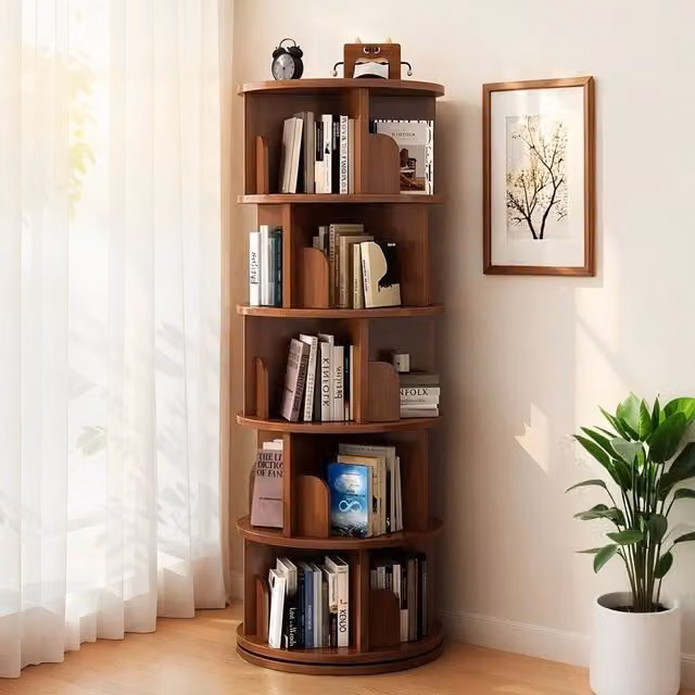Libreria girevole Minimal a 5 livelli in legno color noce, salvaspazio per soggiorno, camera da letto o ufficio, H: 157 cm, L: 46 cm, P: 46 cm – 1