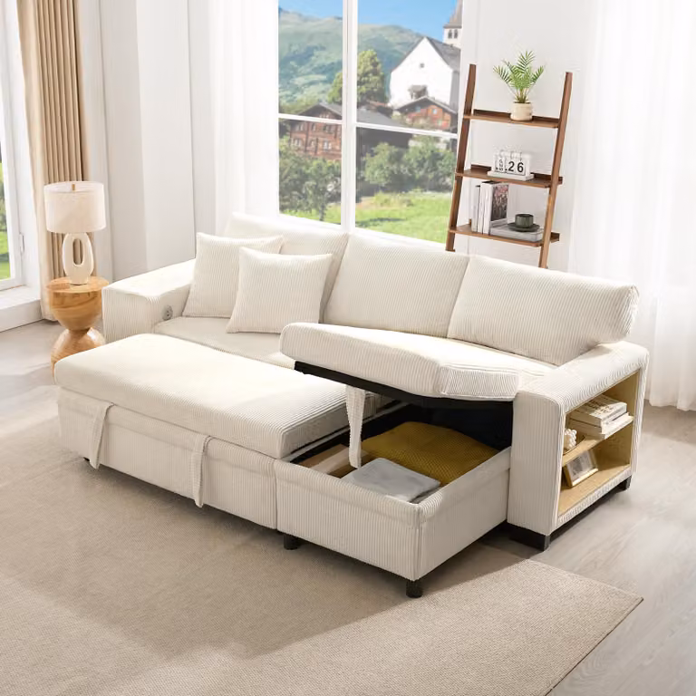 MODFU Divano angolare convertibile a L con funzione di letto, divano letto convertibile a 3 posti con porta di ricarica USB e cuscini, divano pieghevole con spazio di archiviazione, senza materasso, beige