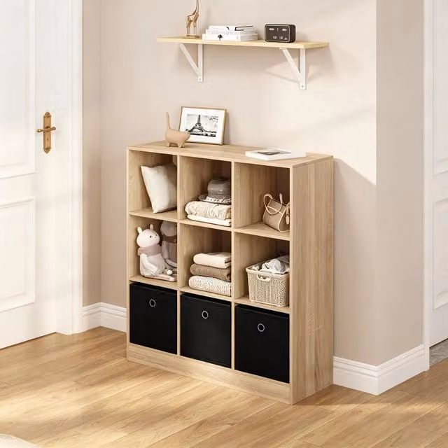 Libreria 80x30x86.5 cm con 3 cassetti in tessuto; legno ingegnerizzato nero e rovere chiaro