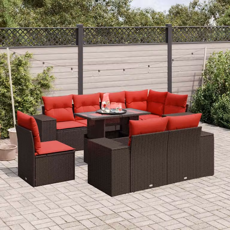 Set di divani da giardino vidaXL in polyrattan marrone con cuscini e tavolino da caffè, composizione a L per esterno