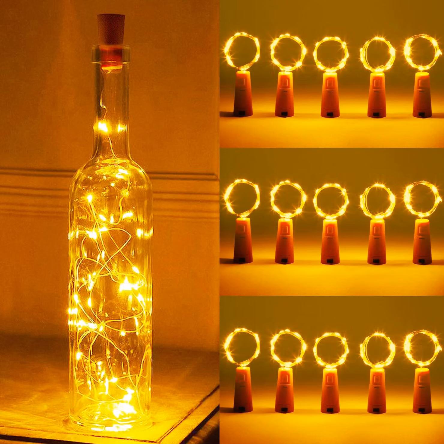 15 luci a LED a forma di bottiglia, lunghezza 2 metri, luce bianca calda, alimentate a batteria, con tappo, per bottiglie di vino