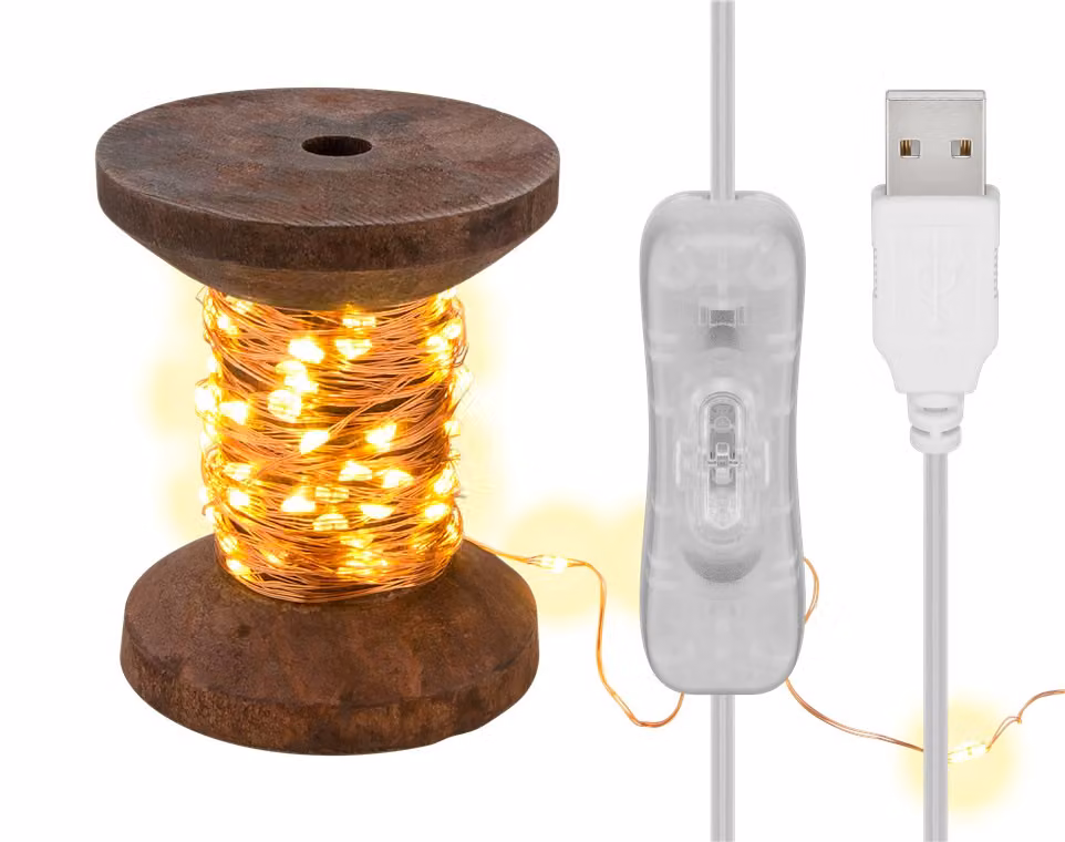 Goobay 60341 Luci fiabesche a LED ''rocchetto di filo'', piccole, marrone scuro-trasparente - con cavo USB 3 m, luci fiabesche 10 m con 100 micro LED in bianco caldo (2700 K) e interruttore (on/off)