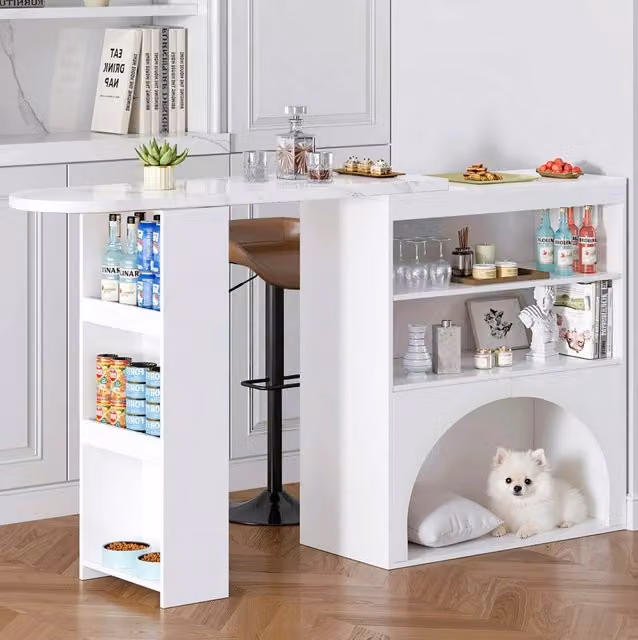 Tavolo bar moderno bianco con piano in ceramica allungabile e girevole L/P/H: 120+80 x 40 x 100 cm