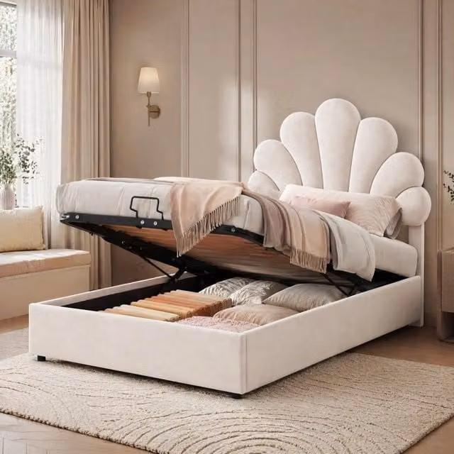 Letto imbottito contenitore 90x200 cm in velluto beige con testiera floreale