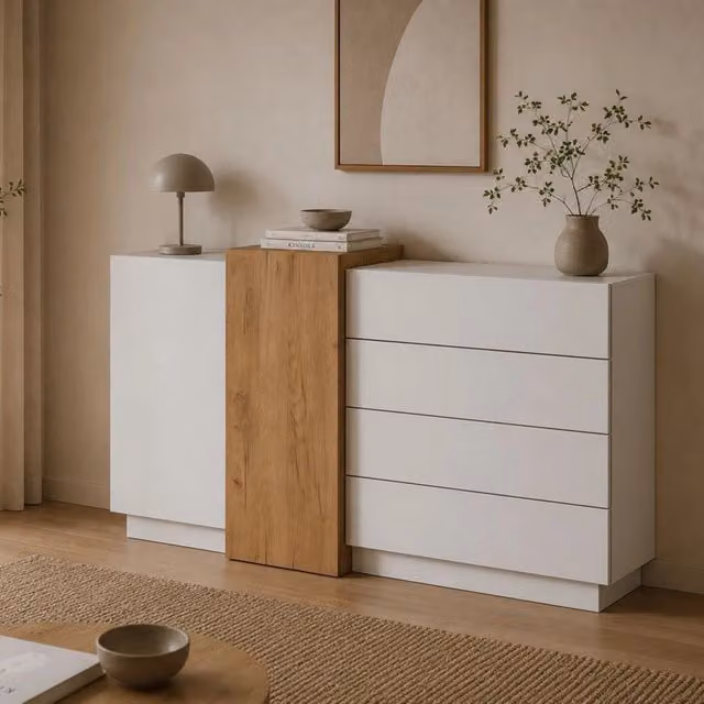 Madia DMORA Hadarari, Credenza Moderna in Legno MDF Colore Bianco e Rovere, L 160 x P 45 x H 94 cm – 1