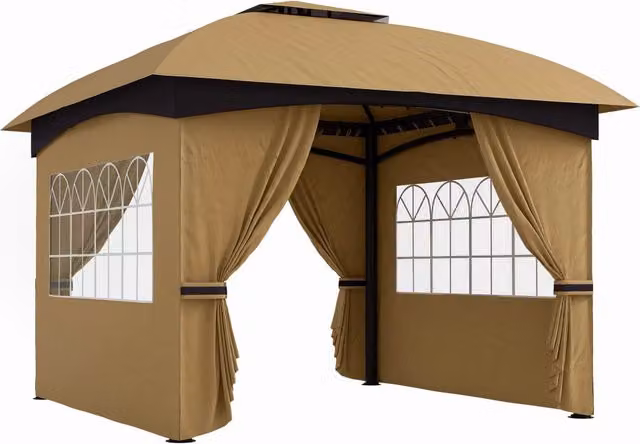 Gazebo da giardino 3,4 x 3,4 m con doppio tetto ventilato, finestre ad arco e telaio in acciaio robusto, per esterni, beige