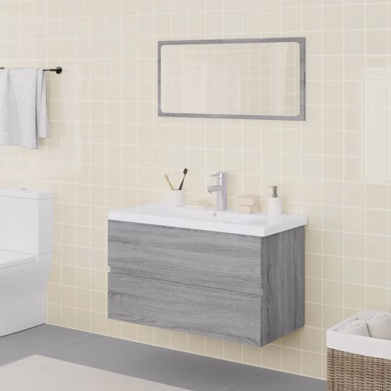Set di mobili da bagno moderno vidaXL con mobile lavabo e armadietto specchio in bianco e grigio, L/P/H: 80 x 39,5 x 45 cm
