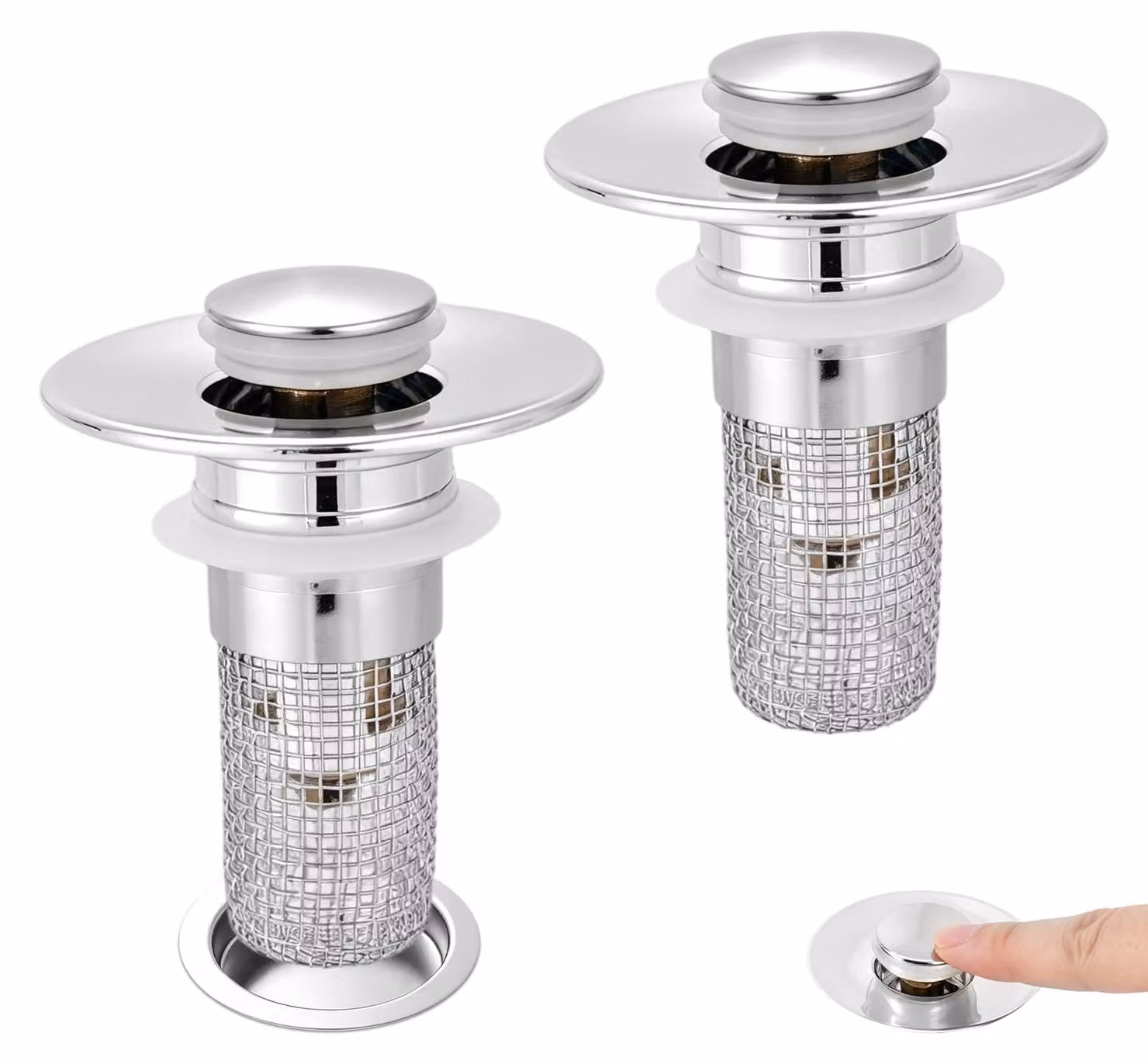 Set di 2 filtri per scarico, tipo a scomparsa, per capelli, in acciaio inossidabile, colore argento