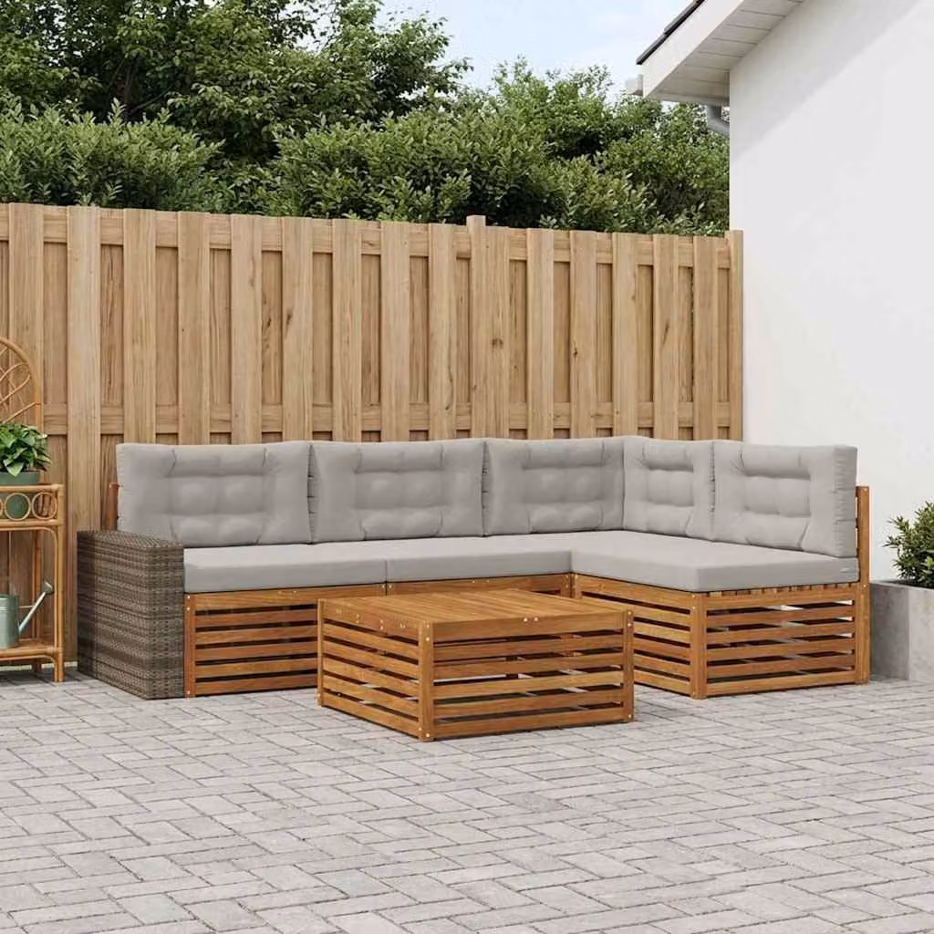 vidaXL Set di divani da esterno 5 pezzi in legno di acacia con cuscini, beige e grigio chiaro