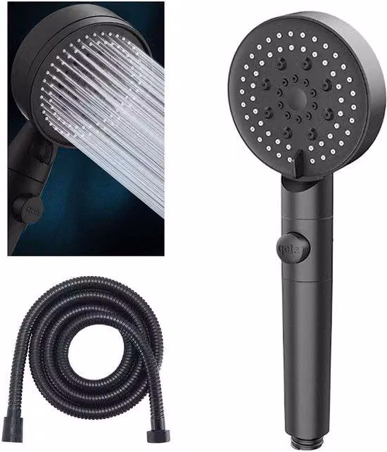 Ibenzoa® - Doccia a mano con 5 modalità (pioggia, pulsante, mix, massaggio, spray), piastra di spruzzo da 9 cm, 110 ugelli in silicone autopulenti, pulsante di arresto, attacco da 2 cm, materiale: ABS/silicone