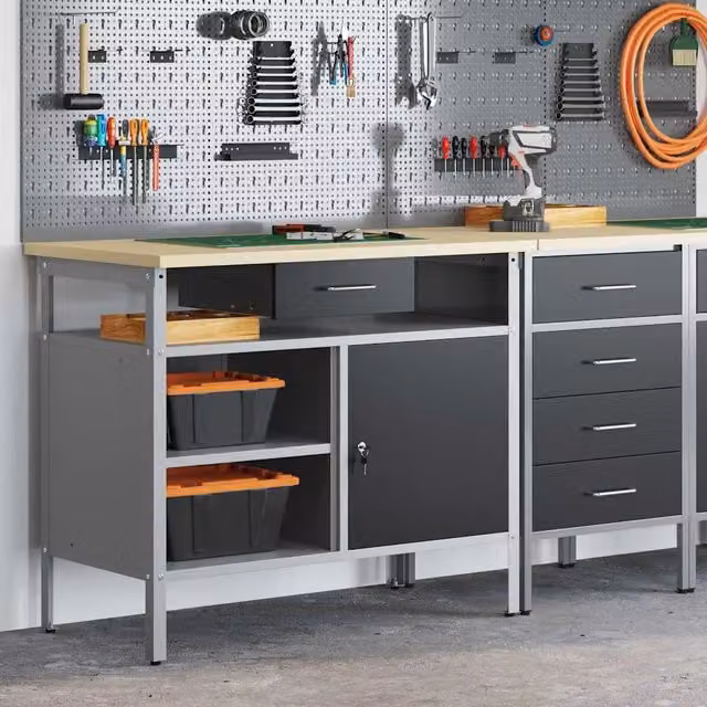 Banco da lavoro con cassetto vidaXL in acciaio e legno, Nero e Grigio, L 100 x P 55 x H 85 cm – 1