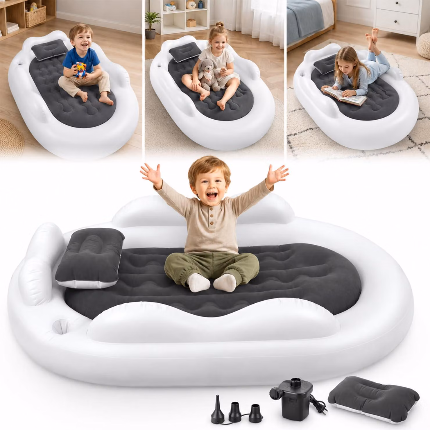 Letto gonfiabile per bambini, dimensioni 157x110x30 cm, con pompa inclusa, capacità massima 150 kg