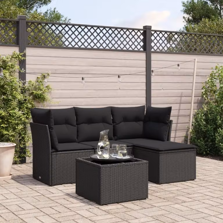 vidaXL Set Divani da Giardino 5 pz a Forma a L con Cuscini in Polyrattan Nero e Tavolino da Esterno