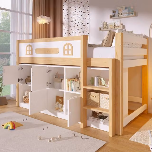 Letto a soppalco singolo MIVRAY in pino e MDF bianco naturale con lavagna reversibile, ripiani portaoggetti e scala fissa, L/P/H: 200 x 90 x 174,5 cm