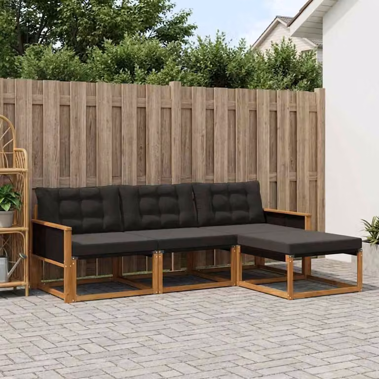 Set di divani da esterno vidaXL 4 pezzi in legno di acacia con cuscini e pouf, colore marrone e nero