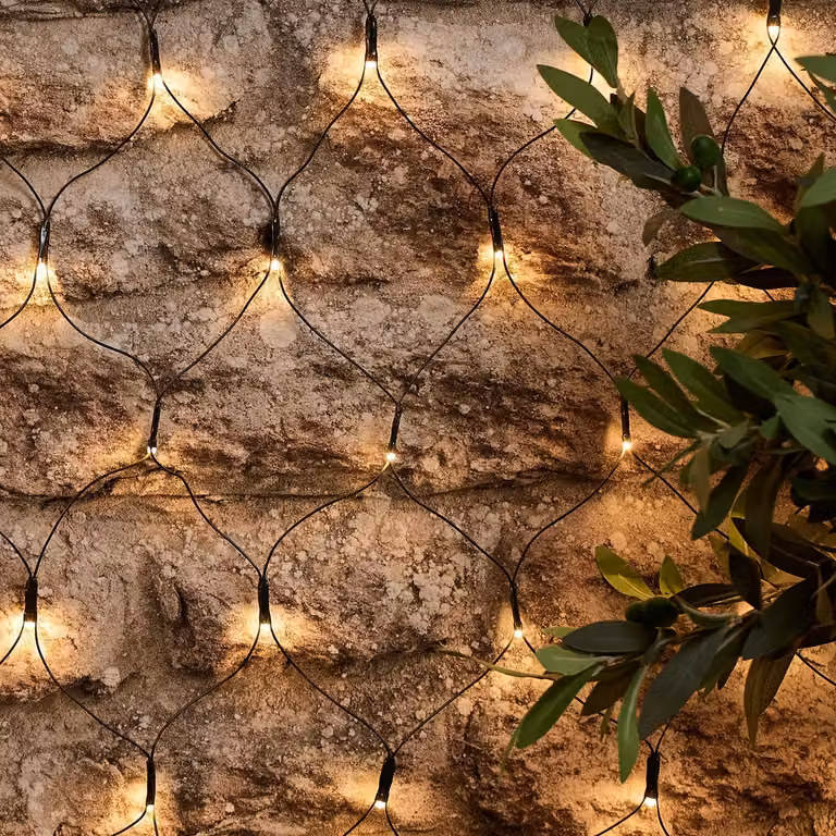 Rete luminosa solare, dimensioni 1x1 metro, 100 LED bianco caldo, ricaricabile tramite USB, grado di protezione IP44