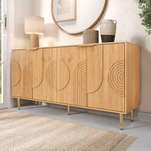 Sideboard moderno in MDF naturale con 4 ante, 140x40x72 cm, gambe metalliche dorate