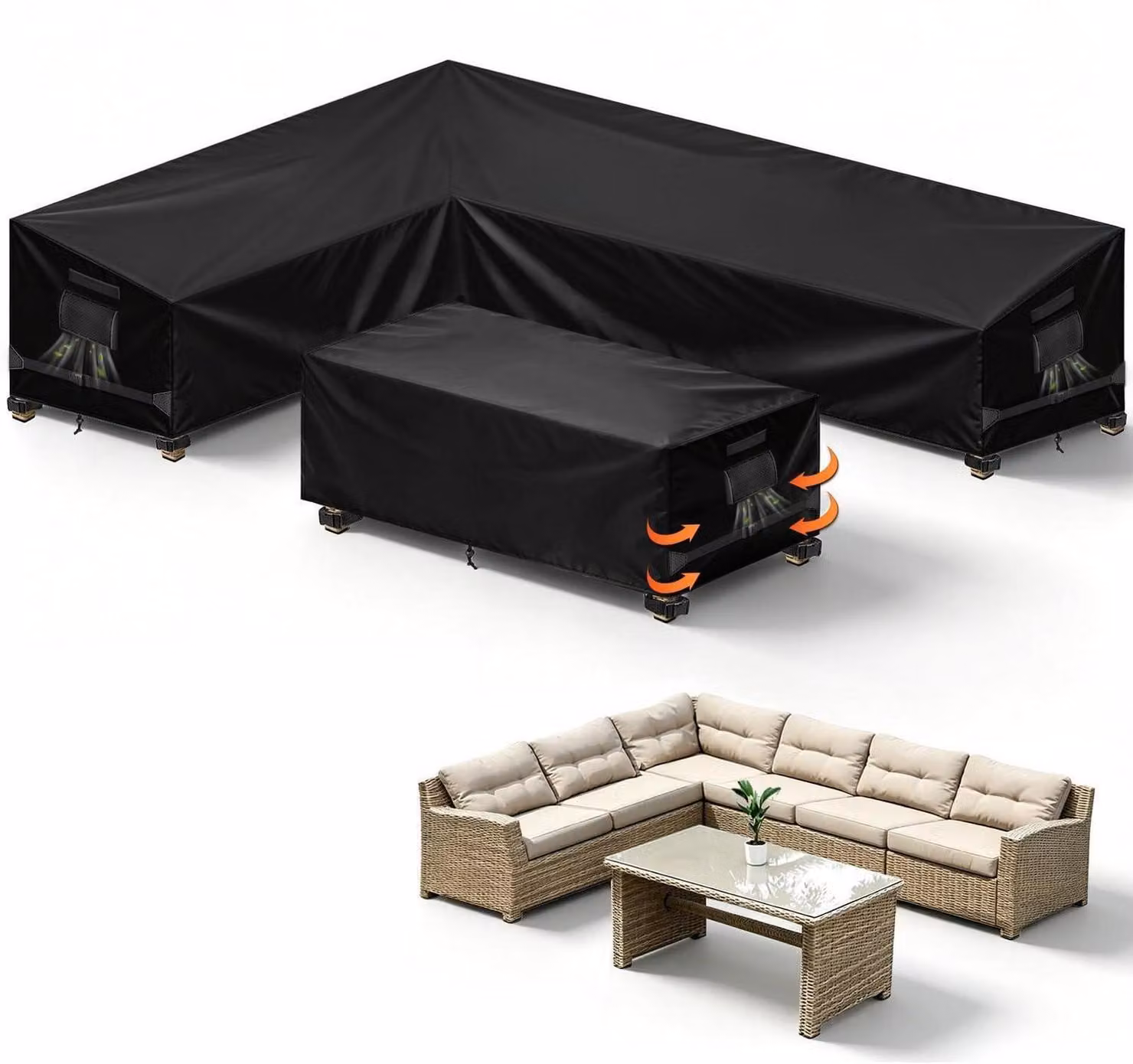 Copertura impermeabile per mobili da giardino, forma a L, colore nero, dimensioni 222x286x78 cm