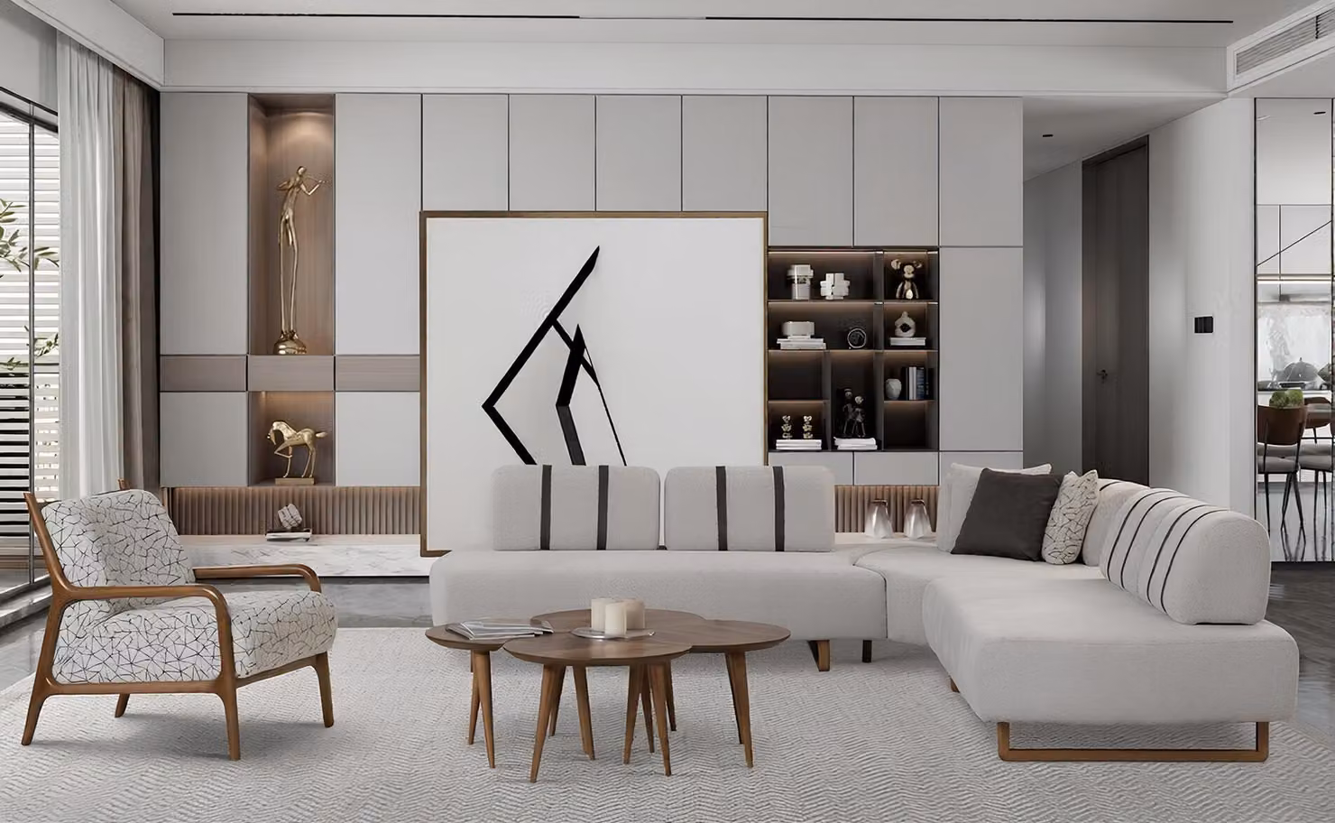 Moderno set divano ad angolo beige con comode poltrone per il tuo salotto